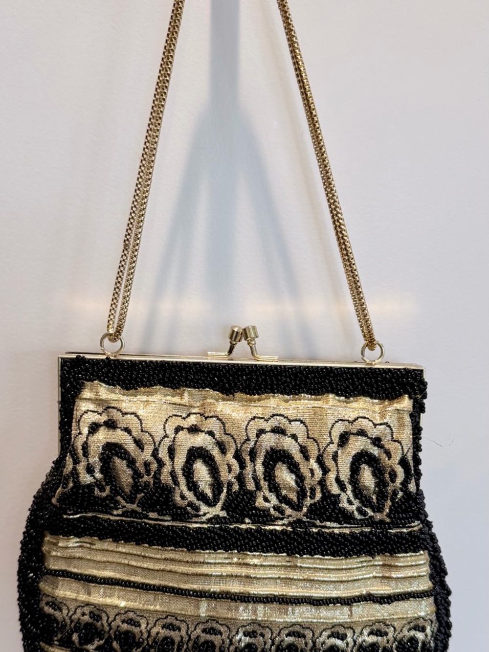 Gold and Black Beaded Vintage Evening Bag with Chain Strap